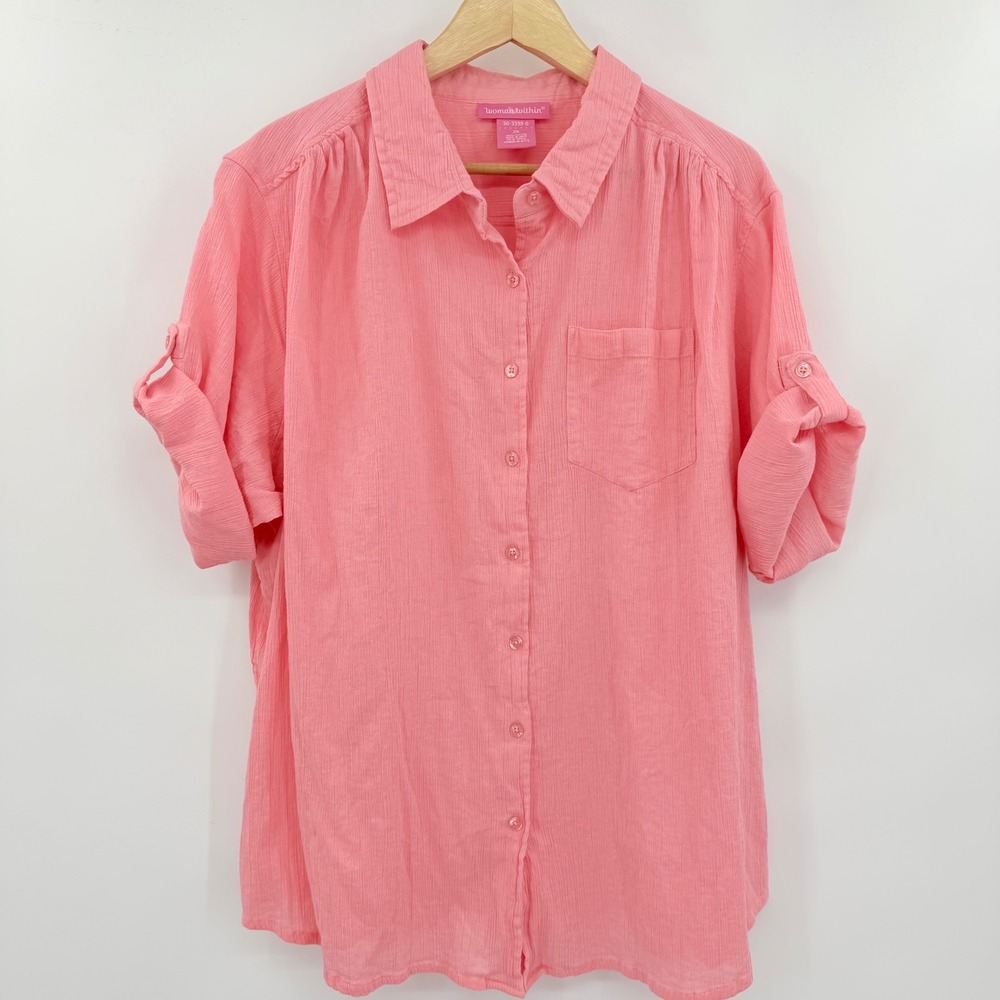 Woman Within Coral Pink Cotton Gauze Roll Tab Sleeve Button Up Shirt Plus 2X